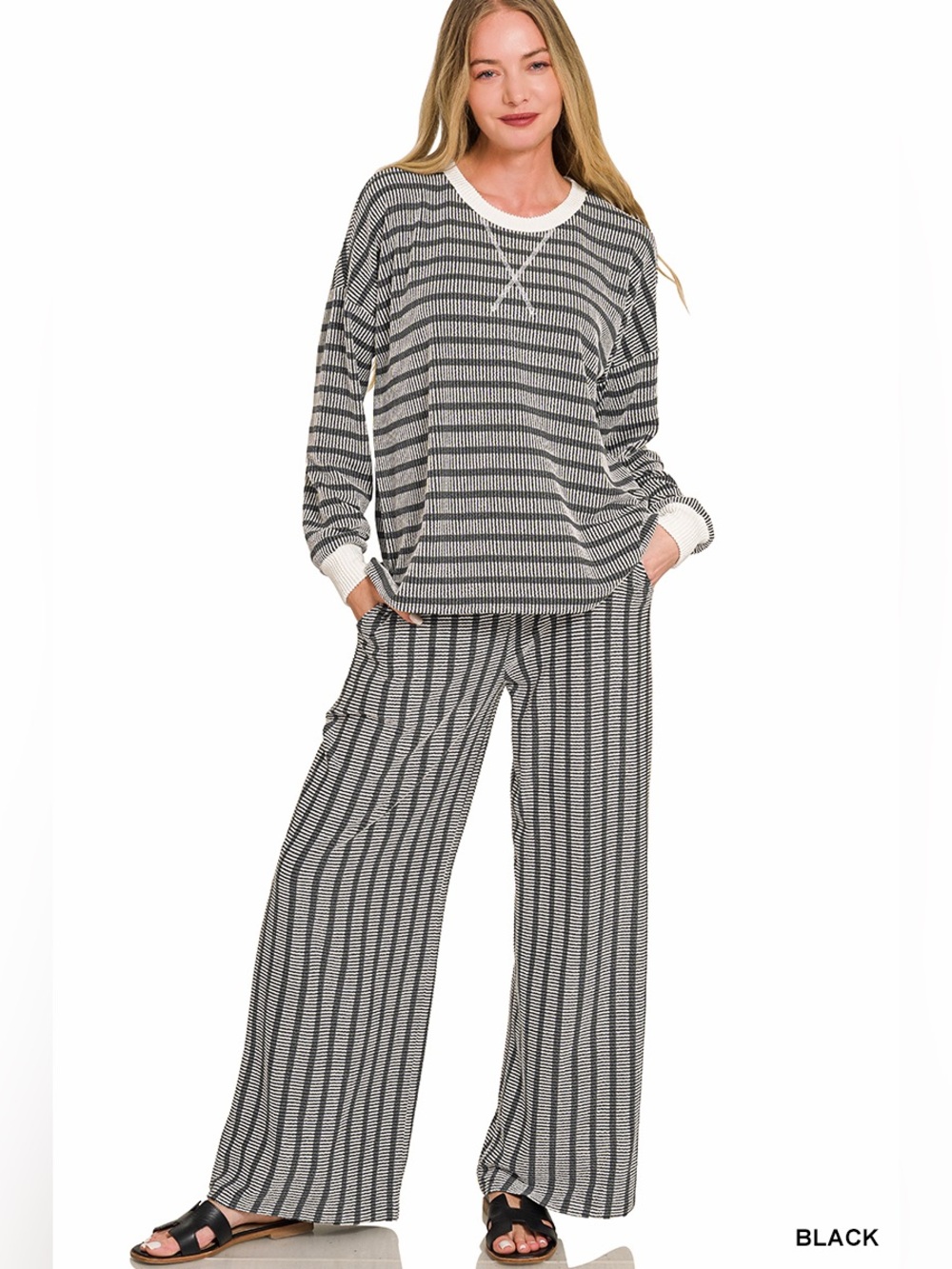 ZENANA RAISED RIB STRIPED PULLOVER & PANTS SET - BLACK & WHITE